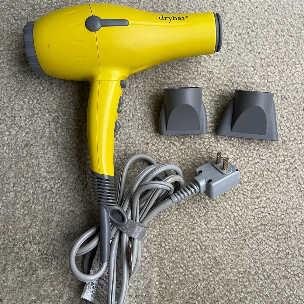 Drybar Buttercup Yellow Hair Dryer with Gray Attachments